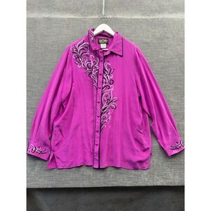 Bob Mackie Wearable Art Shirt Women 1X Pink Embroidered Floral Silk Button Front